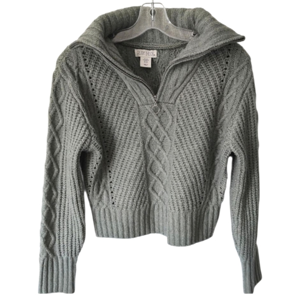 RUBY MOON Cable Knit 1/4 Zip Green Sweater Size XS